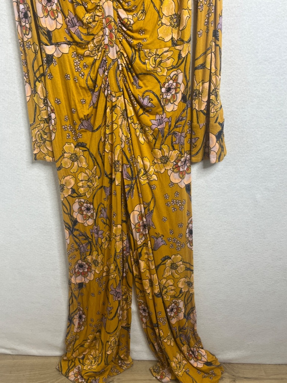 Free People Mustard Floral Long Sleeve Maxi Dress Boho Twist Front - Picture 4 of 6
